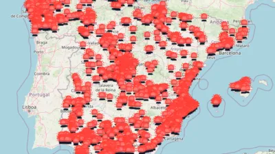 mapa de españa con muchos iconos de sirenas señalando balizas v16